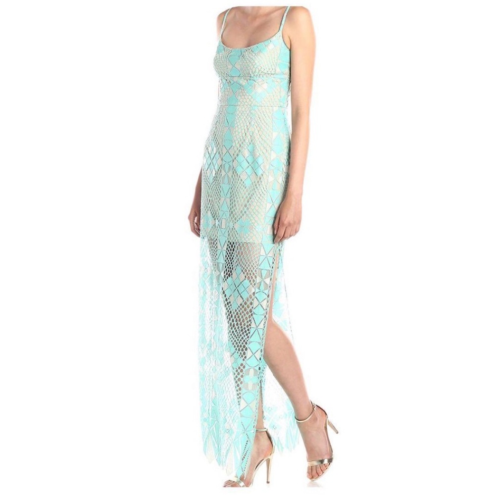 NWT BCBGMaxAzria Light Blue Geometric Lace Maxi Dress in size 0